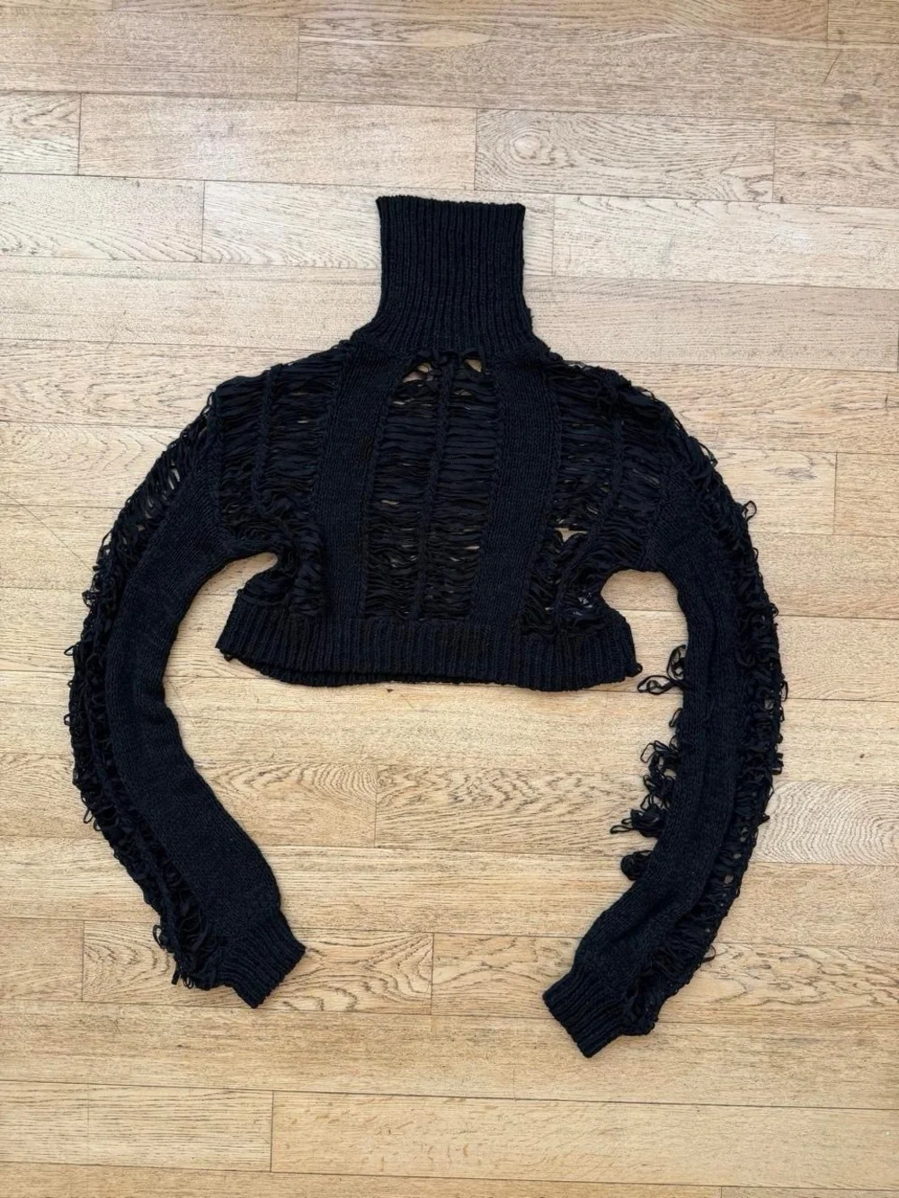Black Distressed Cropped Turtleneck Sweater - Women